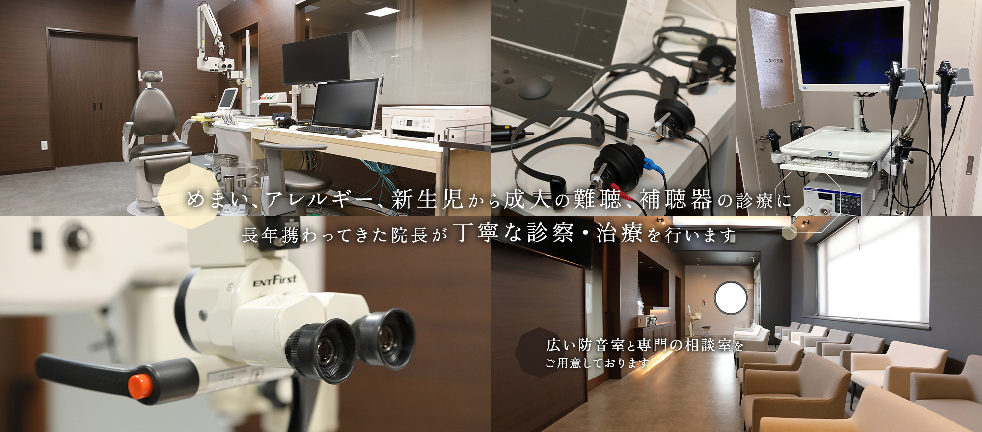 めまい、アレルギー、新生児から成人の難聴、補聴器の診療に長年携わってきた院長が丁寧な診察・治療を行います。広い防音室と専門の相談室をご用意しております